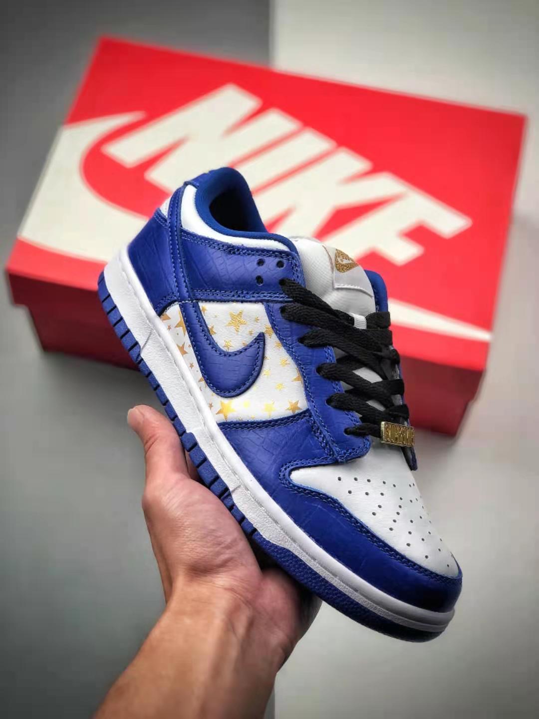 Nike SB Dunk Low Supreme Stars Hyper Royal Metallic Gold White DH3228-100: Shop Now at the Ultimate Online Store for Limited Edition Sneakers!