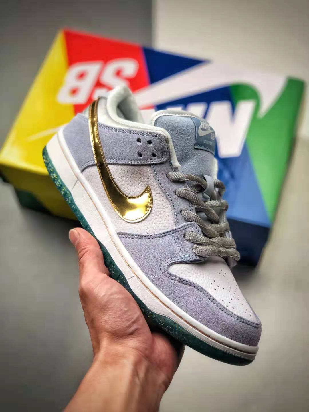 Sean Cliver x Nike SB Dunk Low Holiday Special - White/Psychic Blue/Metallic Gold - DC9936-100